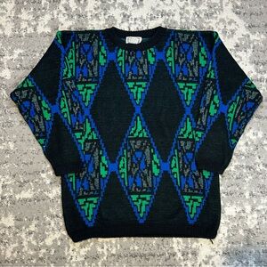 Vintage 90s Geometric Blue & Green Patterned Sweater